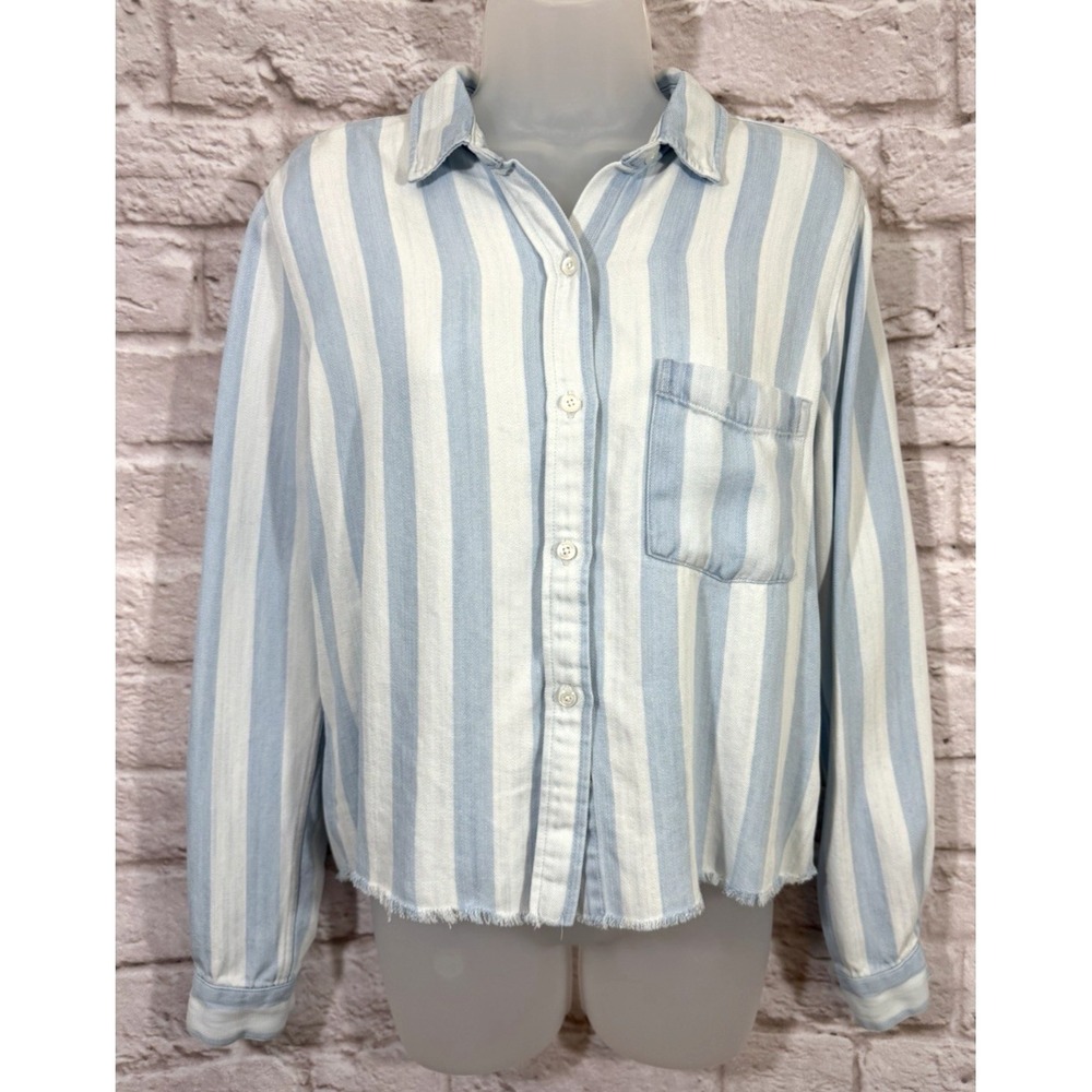 Rails Striped Soft Denim Shirt Small Raw Hem‎ Long Sleeve Button Front Top Blue